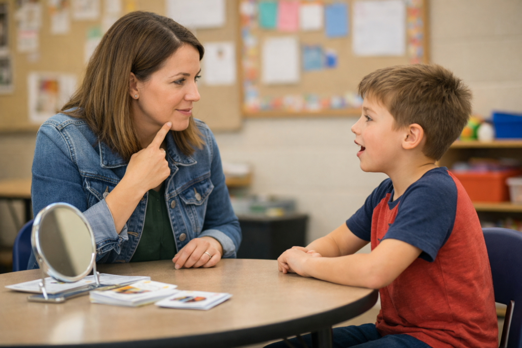 Speech-language pathologist working with an elementary student during a conversation-based therapy session.