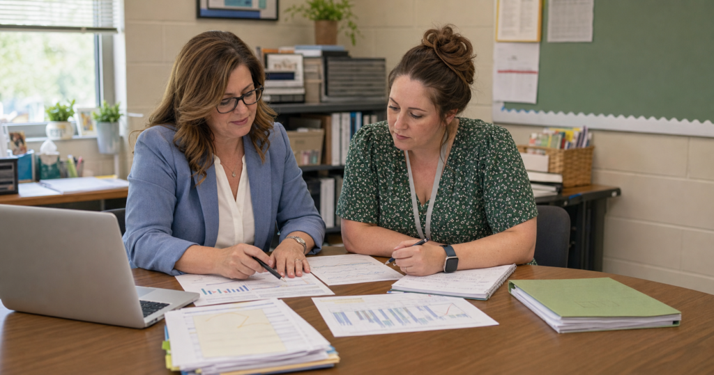 IEP progress monitoring handoff with goal data and student progress notes